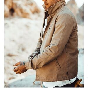 P & Co Men Logo Coach Jacket Large 100% Cotton Canvas Camel Brown Snap Front